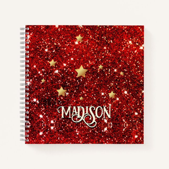 Chic whimsical red black Glitzer monogram Notizbuch (Vorderseite)