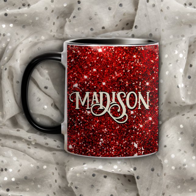 Chic whimsical red black Glitzer monogram Tasse (Von Creator hochgeladen)