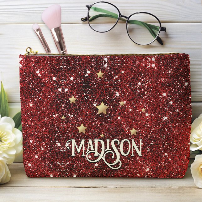 Chic whimsical red black Glitzer monogram Zubehörtasche (Von Creator hochgeladen)