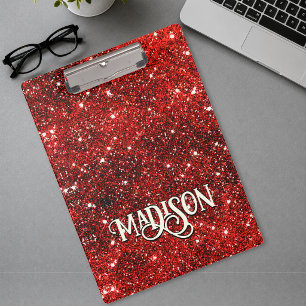 Chic whimsical rotes schwarzes Glitter Monogramm Klemmbrett