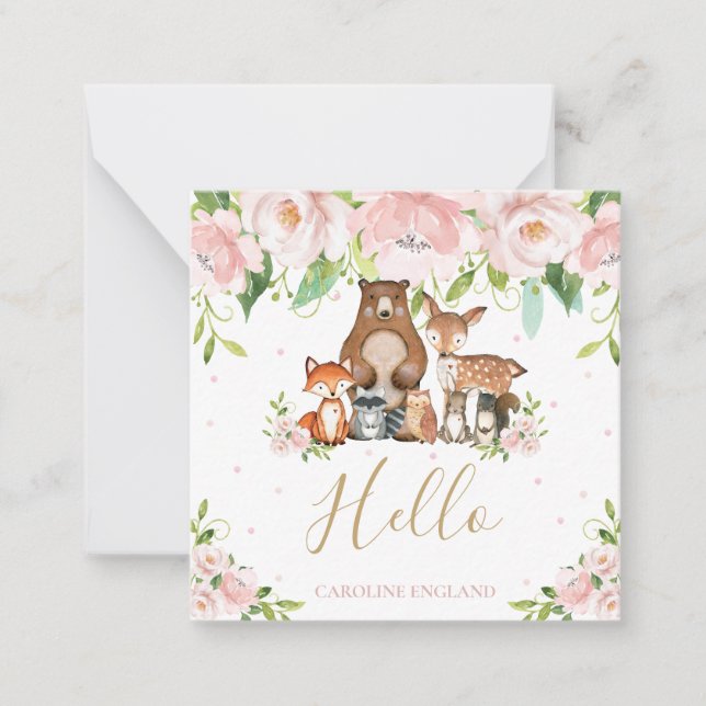 Chic Whimsical Woodland Tiere rot Rosa Floral Mitteilungskarte (Vorderseite)