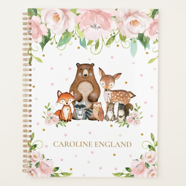 Chic Whimsical Woodland Tiere rot Rosa Floral Planer (Vorderseite)
