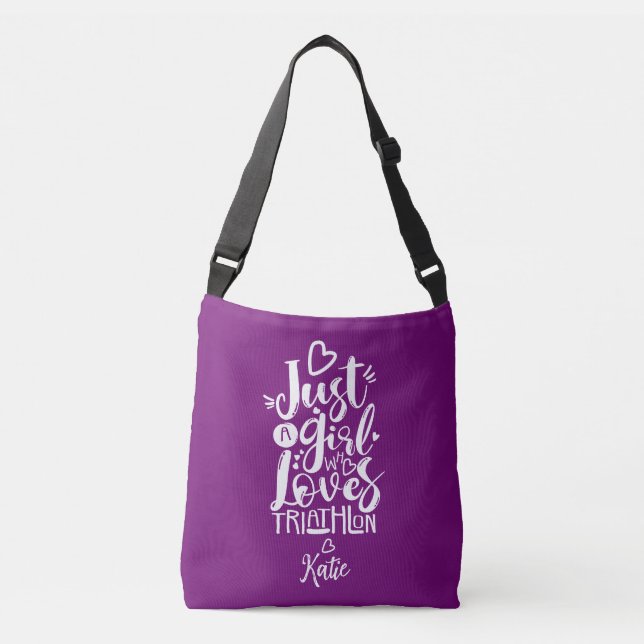 Chic Whimsycal Triathlon Lila White Calligraphy Tragetaschen Mit Langen Trägern (Vorderseite)