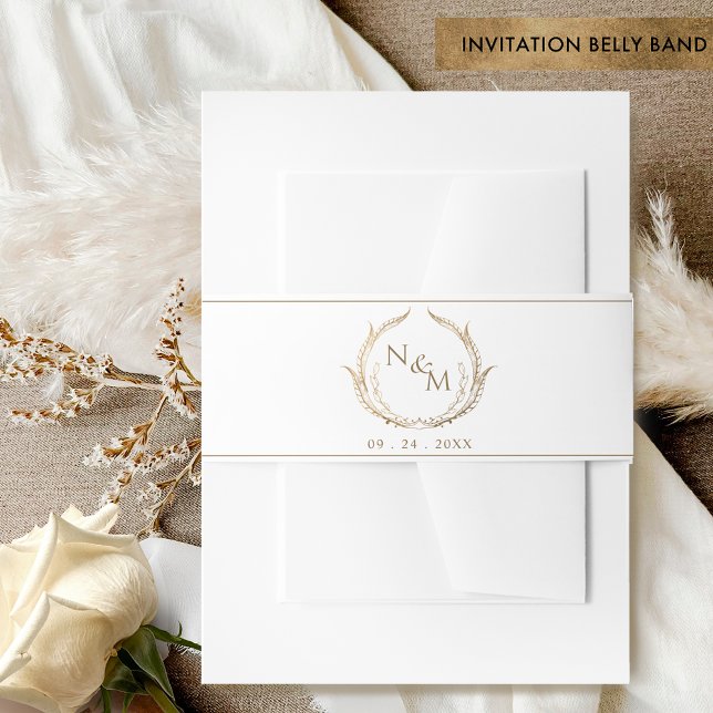 Chic White and Gold Monogram Wappen Wedding Einladungsbanderole (Von Creator hochgeladen)