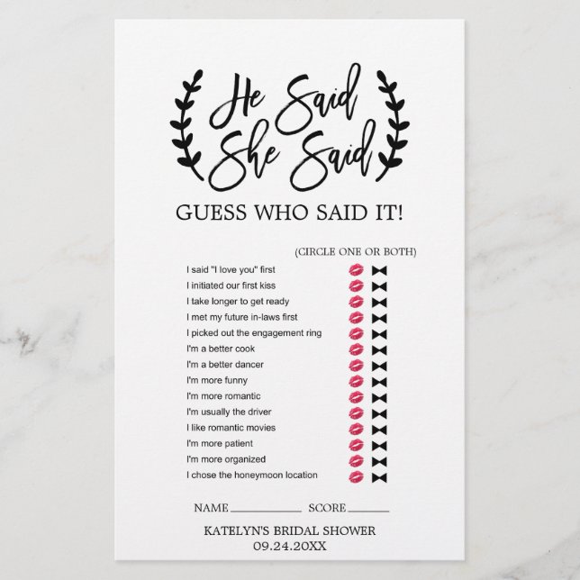 Chic White Black Branches "He Said She" Spiel Flyer (Vorne)