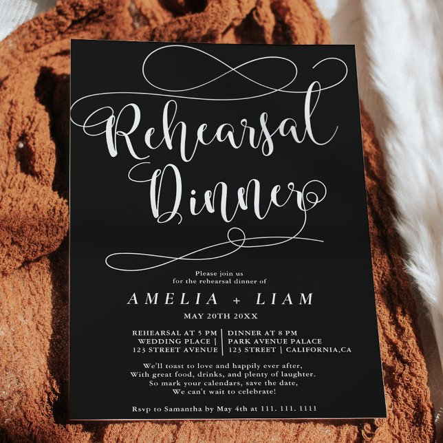 Chic white black calligraphy Probe dinner Einladung (Von Creator hochgeladen)