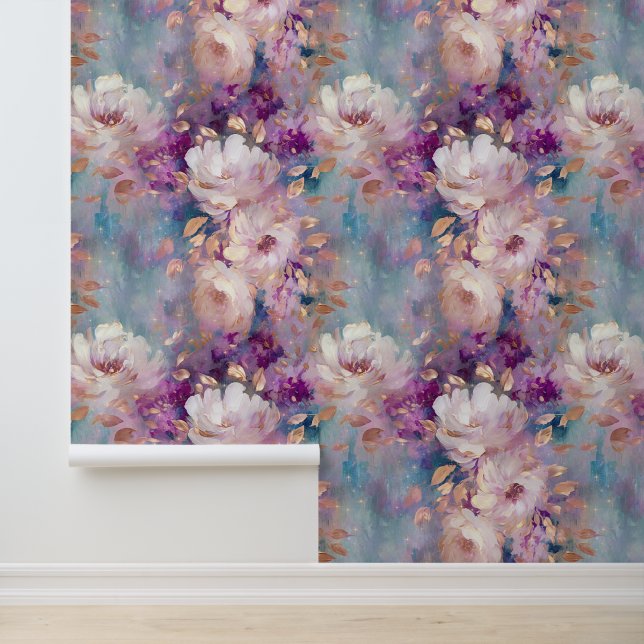 Chic White Blue Lila Floral Tapete (Anwendung)