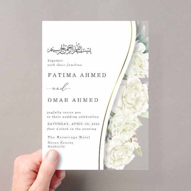Chic White Blume Foliage Islamische Hochzeit Acryleinladungen (Insitu (Handheld))