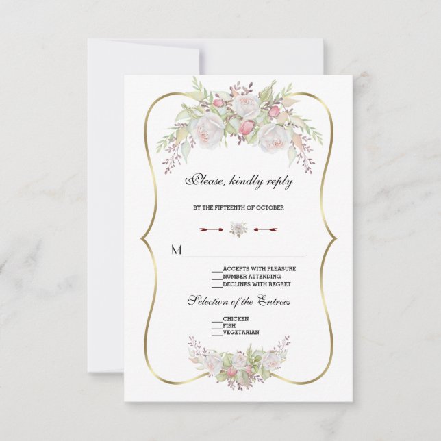 Chic White Blume Gold Frame Wedding RSVP Karte (Vorderseite)
