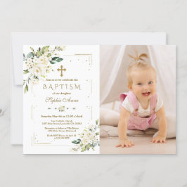 Chic White Blume Gold Girl Foto Taufe Einladung