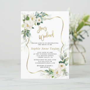Chic White Blume Gold Hens Bachelorette Wochenende Einladung
