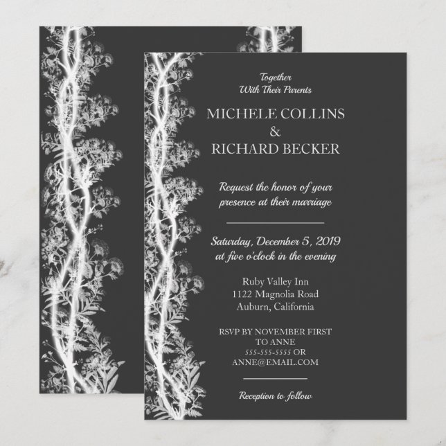 Chic White Botanical Border Wedding Einladung (Vorne/Hinten)