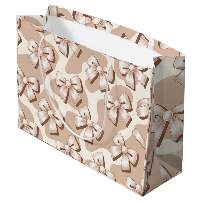 Chic White Bow & Beige Kuh Print Halloween Große Geschenktüte (Rückseite Schrägansicht)