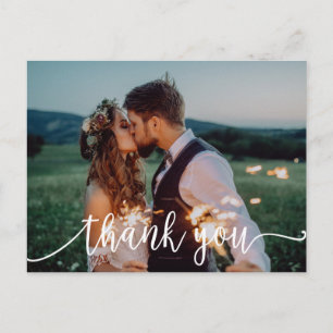 Chic White Calligraphy Foto Wedding Vielen Dank Postkarte