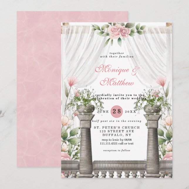 Chic White Canopy Pink Florals Wedding Einladung (Vorne/Hinten)