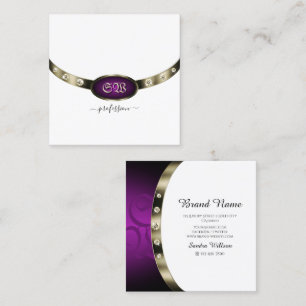 Chic White Chrome Silver Lila Monogram Diamonds Quadratische Visitenkarte