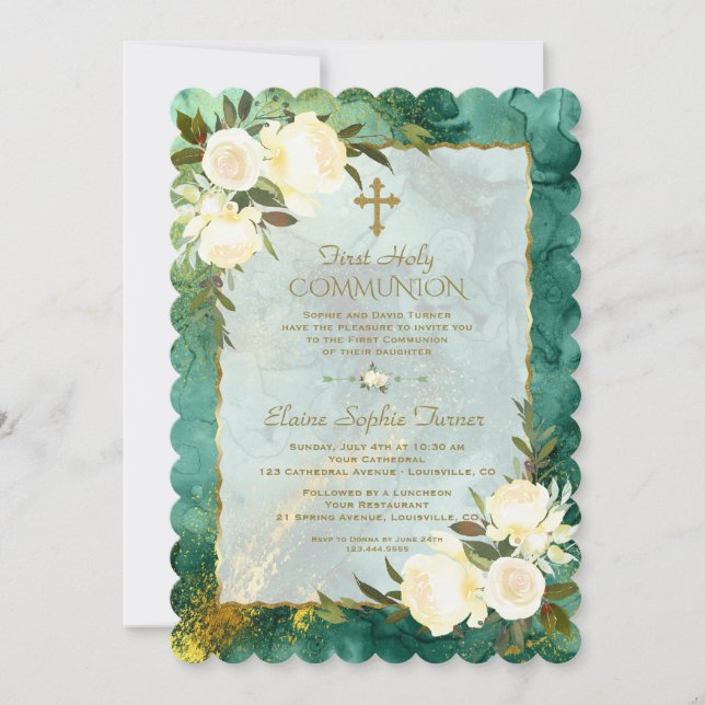 Chic White Cream Blume Gold Erste Heilige Kommune Einladung (Vorderseite)