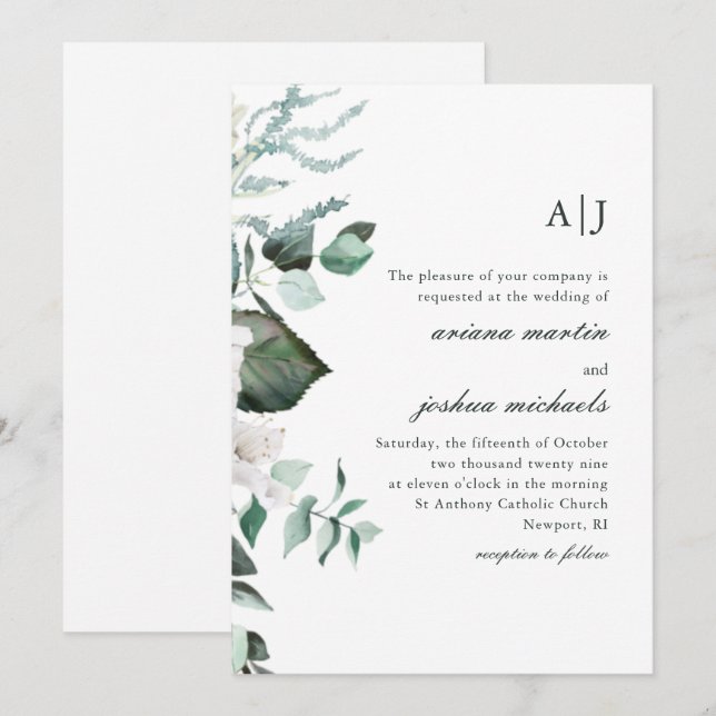 Chic White Floral and Greenery Monogram Wedding Einladung (Vorne/Hinten)