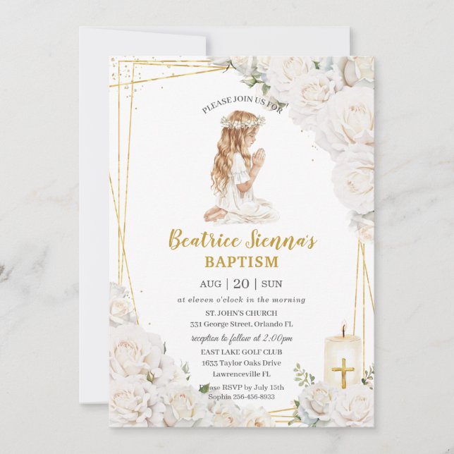 Chic White Floral Taufen Christening Praying Girl Einladung (Vorderseite)