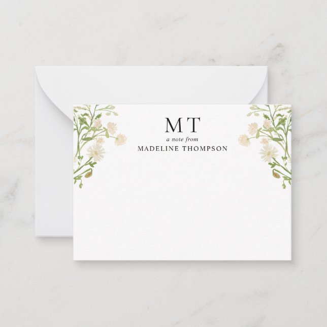 Chic White Floral Wildflower Classic Monogram Mitteilungskarte (Vorderseite)