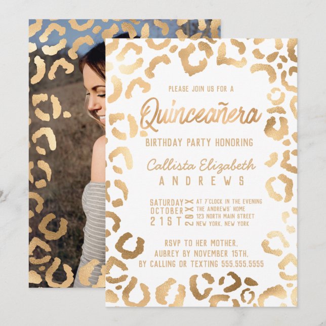 Chic White Gold Cheetah Leopard Quinceañera Foto Einladung (Vorne/Hinten)