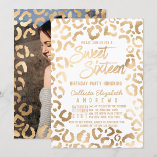 Chic White Gold Cheetah Leopard Sweet 16 Foto Einladung