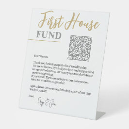 Chic White & Gold Eleganter QR Code First House Fu Sockelschild