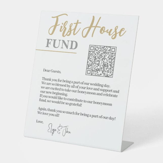Chic White & Gold Eleganter QR Code First House Fu Sockelschild (Vorderseite)