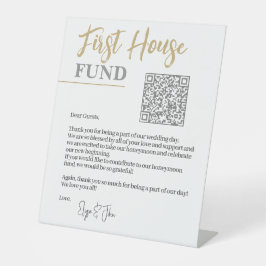 Chic White & Gold Eleganter QR Code First House Fu Sockelschild
