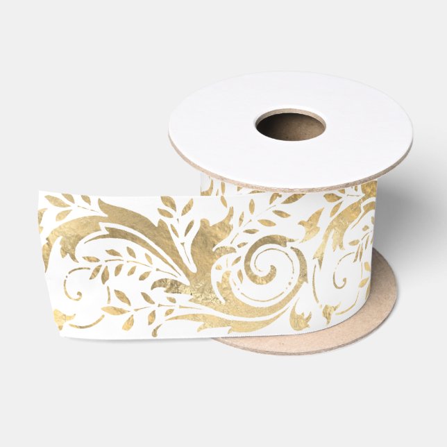 Chic White Gold Floral Scroll Modernes Design Satinband (Spule)