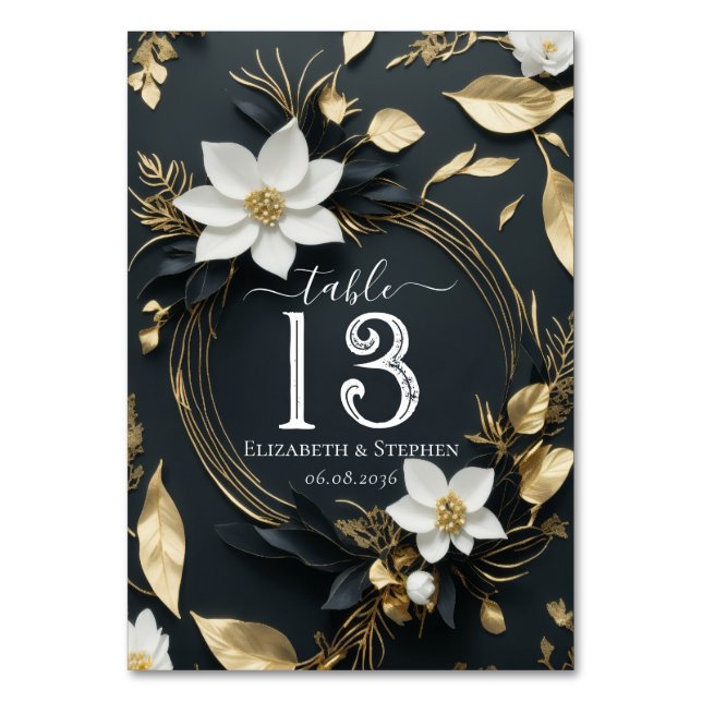 Chic White Gold Floral Wreath Wedding Tischnummer (Vorderseite)