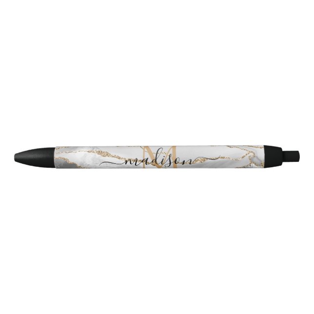 Chic White Gold Glitzer Agate Monogram Script Name Kugelschreiber (Vorderseite)
