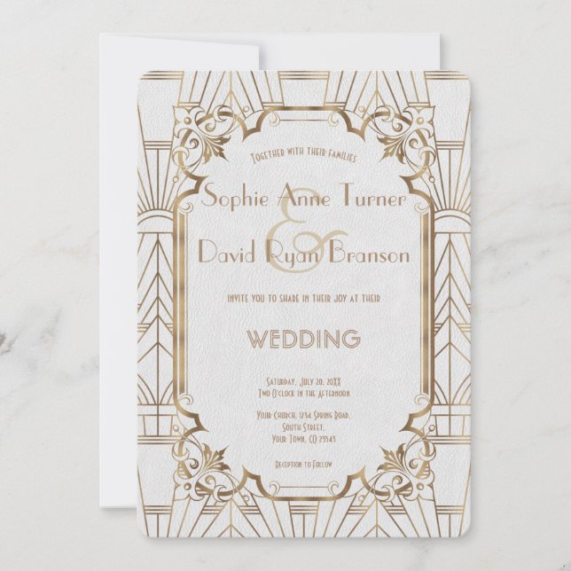 Chic White Gold Große Art Deco Hochzeit Einladung (Vorderseite)