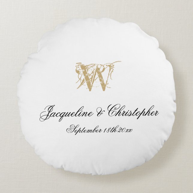 Chic White Gold Monogram New Wedding Keepake Rundes Kissen (Vorderseite)
