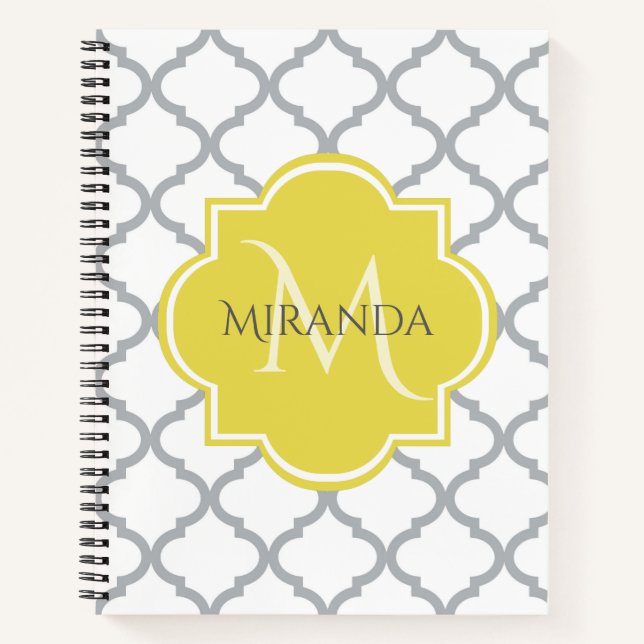 Chic White Gray Quatrefolie Gelber Mit Monogramm N Notizbuch (Vorderseite)