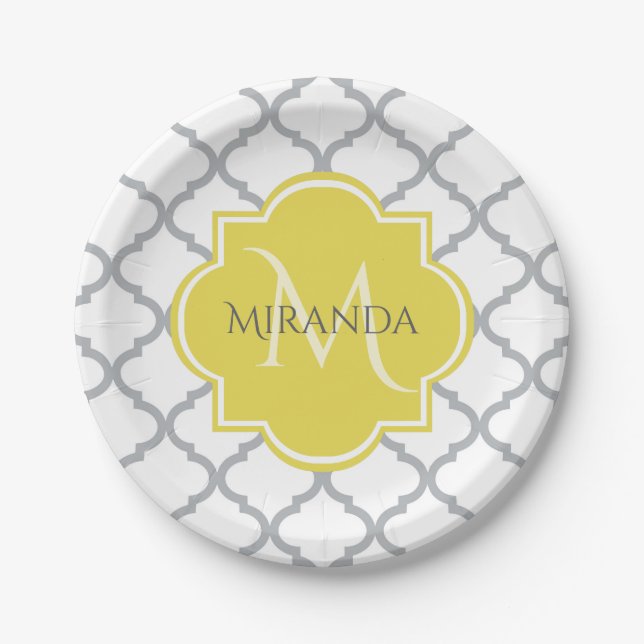 Chic White Gray Quatrefolie Gelber Mit Monogramm N Pappteller (Vorderseite)