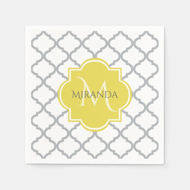 Chic White Gray Quatrefolie Gelber Mit Monogramm N Serviette (Vorderseite)