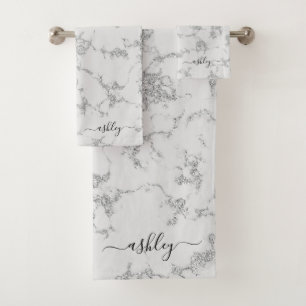 Chic White Gray Silver Marble Glitzer Script Name Badhandtuch Set