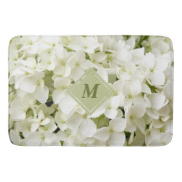 Chic White Hydrangea Sage Green Monogram Bath Mat Badematte