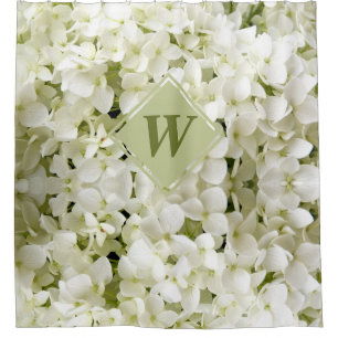 Chic White Hydrangea Sage Green Monogram Duschvorhang