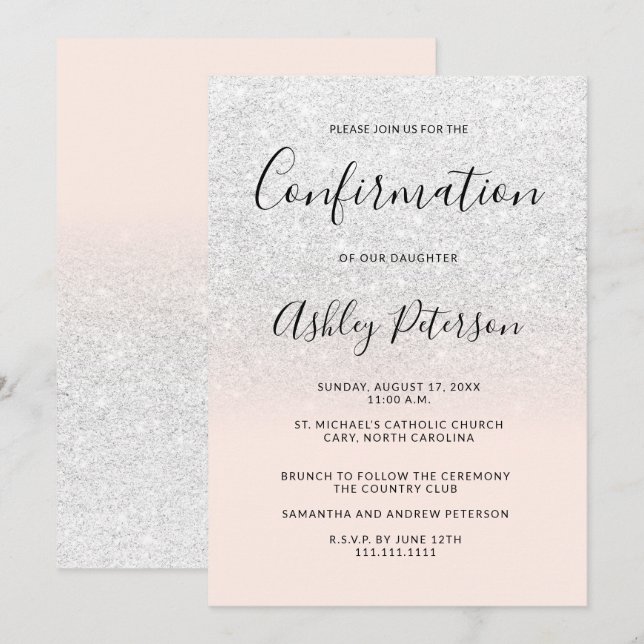Chic white Imitats Glitzer Pink ombre Bestätigung Einladung (Vorne/Hinten)