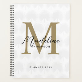 Chic White Ivory Gold Anahaw Leaf Script Monogram Planer