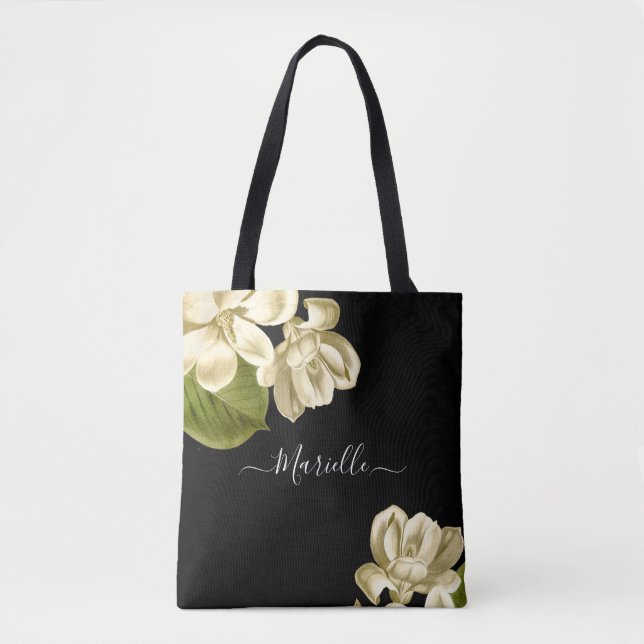 Chic White Magnolias On Black Stilvoll Tasche (Vorderseite)