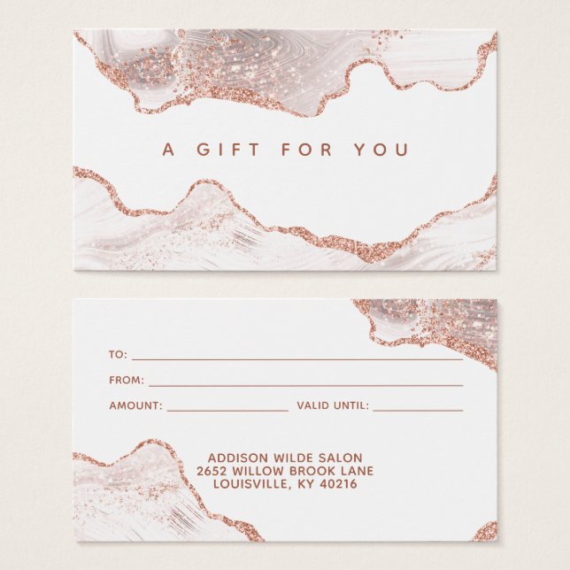 Chic White Marble Agate Rose Gold Geschenkkarte (Vorne & Hinten)