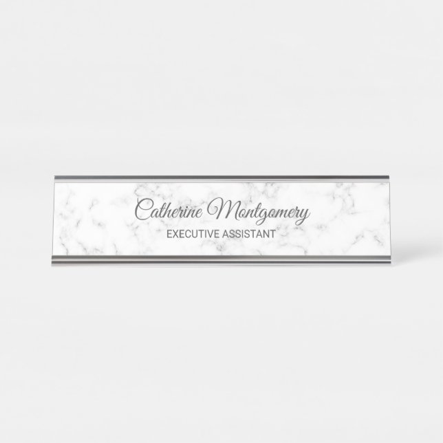 Chic White Marble mit grauer Schriftzeichen Schreibtischnamensplakette (Vorderseite )