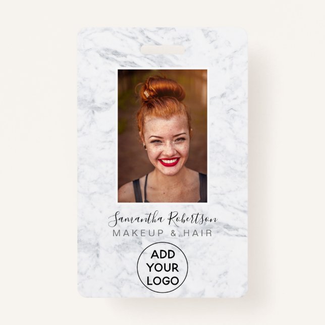 Chic White Marmor Logoschild Personalausweis Foto Ausweis (Vorderseite)