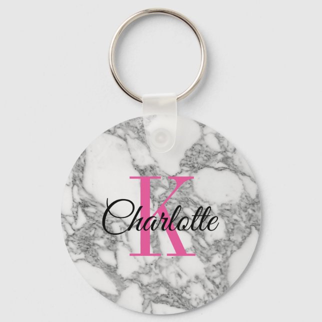 Chic white marmor stone custom monogram Schlüssela Schlüsselanhänger (Vorderseite)