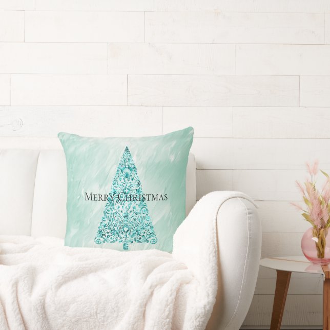 Chic White Mint Christmas Tree Glitzer Kissen (Liege)