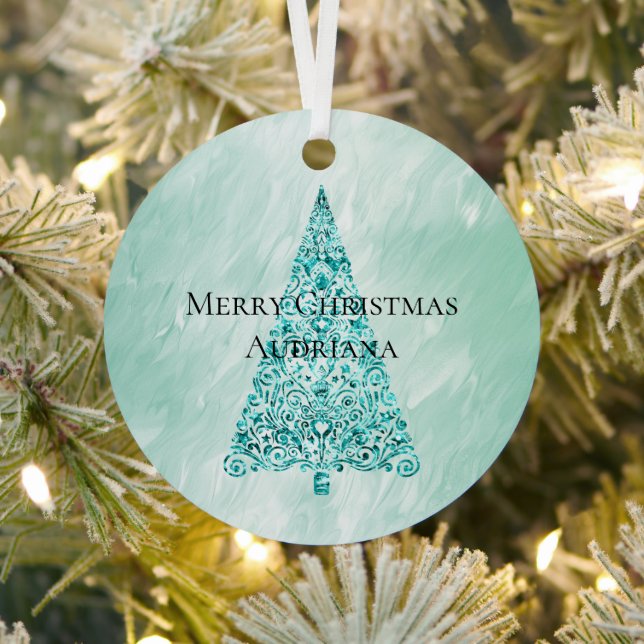 Chic White Mint Christmas Tree Glitzer Ornament Aus Metall (InSitu)