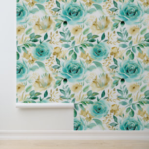 Chic White Mint Green Gold Blume Tapete